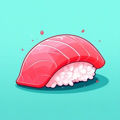 A vibrant illustration of a sushi piece, featuring a slice of salmon, displayed against a calming teal backdrop.