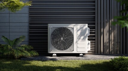AC unit outside a building with plants, against striped wall
