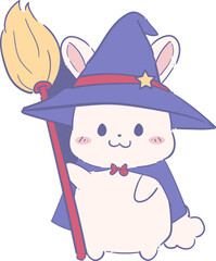 A cute, fluffy white bunny dressed as a wizard, wearing a blue pointed hat with a star and a matching cape, holding a broomstick.