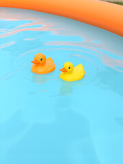 An orange and a yellow rubber duck swimming in the water in a paddling pool