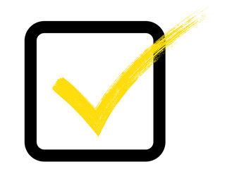 Yellow checkmark inside square checkbox, hand-painted brush stroke tick symbol, PNG with transparent background, ideal for design elements, highlights, and approval icons © Hasheb Anzar