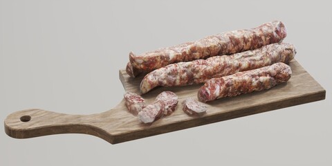 Assorted sausages on a wooden board