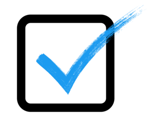 Blue checkmark inside square box, brush stroke painted tick, PNG with transparent background for validation, verification, checklist, or confirmation graphics