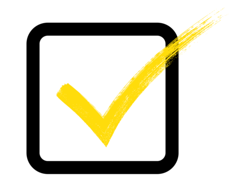 Yellow checkmark inside square checkbox, hand-painted brush stroke tick symbol, PNG with transparent background, ideal for design elements, highlights, and approval icons