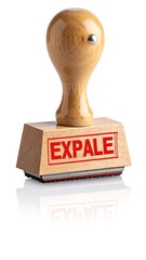 Wooden stamp with red 'EXPALE' imprint, reflecting on white background