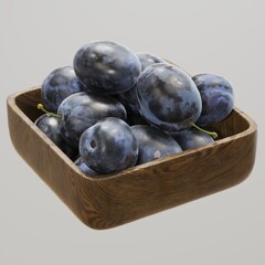 A wooden bowl filled with ripe dark plums.