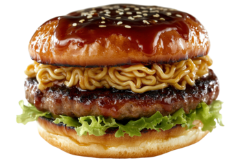 Juicy Beef Burger with Ramen Noodles, Fresh Lettuce and Teriyaki Sauce on Sesame Bun