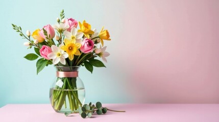 Naklejka premium A delightful spring bouquet of pink tulips, daffodils, and freesias arranged in a clear glass vase with a delicate ribbon, adding a touch of elegance to a pastel-colored surface.