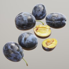 Fresh plums on a reflective surface
