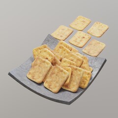 Golden crackers in a dark stoneware bowl.