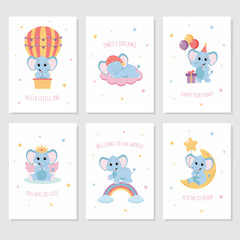 Cute elephant posters set. Baby elephant characters. Cards for newborns, baby birthday prints, posters, invitations, greeting cards.