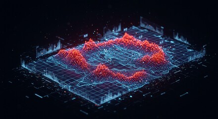 Dynamic digital landscape visualizing complex data streams and financial growth with glowing red peaks and blue grids, perfect for tech innovation.