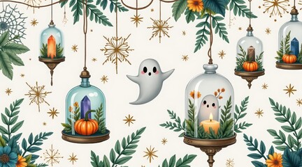 Halloween ghost and pumpkins in vintage terrariums isolated on white background