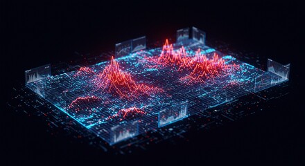 Stunning digital data visualization with glowing red and blue lines, representing complex financial market trends and analytics in a futuristic interface.