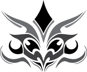 Intricate tribal-inspired graphic design featuring stylized eyes and sharp, flowing lines in shades of gray and black.