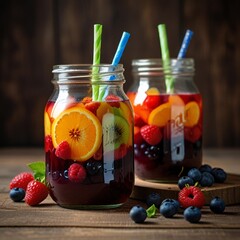 Refreshing summer fruit infused water in jars with straws