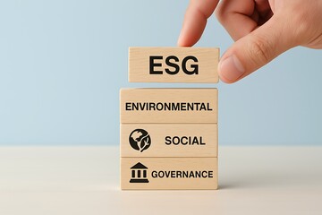 Hand places ESG block atop environmental, social, and governance wooden blocks stack concept.