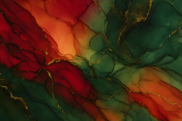 蒼光の煌めき ― あかと緑と金の流動抽象画