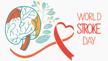 Fototapeta premium World Stroke Day Vector Illustration - Brain, Heart & Awareness Ribbon with Flowing Pathways in Flat Design