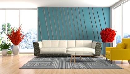 Modern living room with bright accents and stylish decor featuring comfort elements