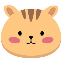 A cartoon illustration of a cute, round-faced cat with pink cheeks and brown stripes.