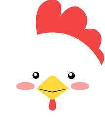 Cartoon illustration of a chicken's face, featuring a red comb, yellow beak, and pink cheeks on a white background.