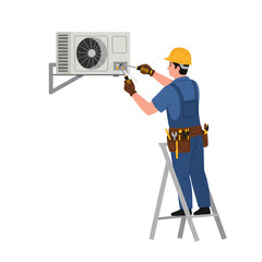 Technician Repair Worker Installing Air Conditioner on Wall in Workshop