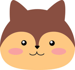 A cartoon illustration of a cute, stylized fox face with brown fur, big eyes, and pink cheeks on a white background.