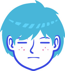 Illustration of a person's face with closed eyes, blue hair, and freckles, depicted in a simple, cartoon style.