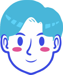 Cartoon illustration of a cheerful young male character with vibrant blue hair and rosy cheeks.