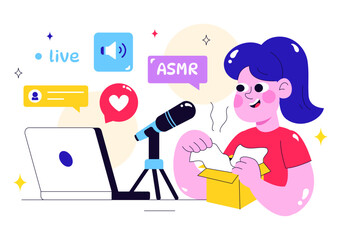 ASMR Lifestyle Vector Illustration Featuring Young People Recording ASMR Sounds to Create Social Media Content in a Flat Style Cartoon Background