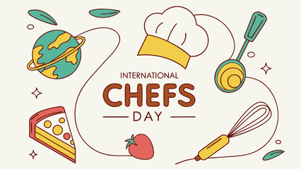 International Chefs Day Vector Illustration - Stylized Chef Hat with Utensils and Global Elements in Vibrant Flat Design