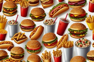 Assortment of delicious fast food including burgers hot dogs and french fries