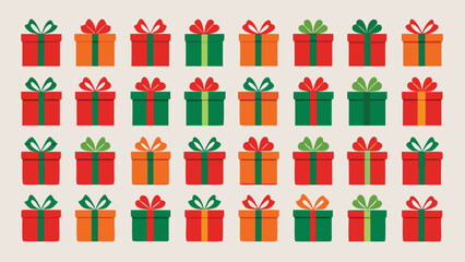 Festive Christmas Gift Boxes in Red Green and Orange Arranged in a Grid