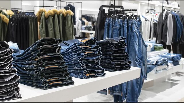 Folded jeans and trousers neatly stacked on display table in modern fashion clothing retail store interior