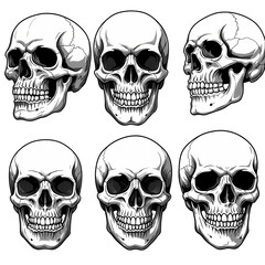 Six Black and White Skulls Illustration Set with Shadow Details for Halloween or Gothic Art
