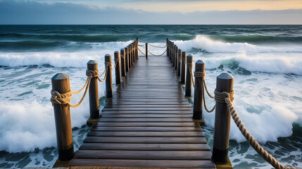 Obraz premium Powerful ocean waves crash against a sturdy wooden pier lined with robust bollards connected by thick rope, creating a dramatic and dynamic coastal scene