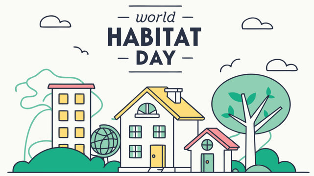 World Habitat Day Vector Illustration - Elegant Cityscape with Tree and Globe in Modern Flat Design for Global Community Awareness