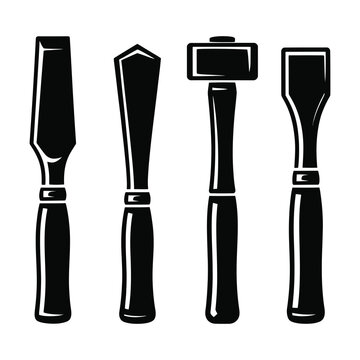 Collection of four woodworking chisels and a mallet silhouette