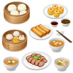 Assorted Chinese Dim Sum with Soup and Sauces on White Plates