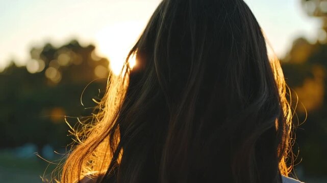 Woman outdoors golden hour back view