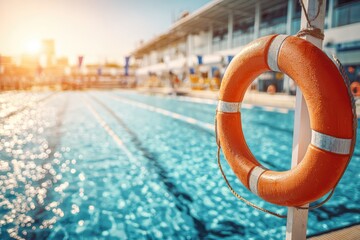 Sunny poolside safety. Orange life preserver hangs near a pool