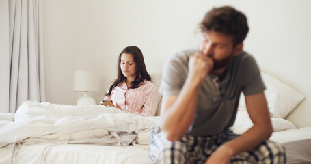 Fototapeta premium Frustrated couple, argument or bed with stress for breakup, conflict or disagreement. Upset man, woman or toxic relationship with dispute in bedroom for divorce, cheating affair or guilty in home