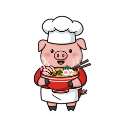 Cute Pig Character Wearing Chef Hat Holding Bowl of Ramen Noodles