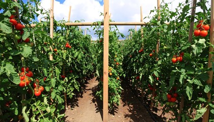 Ripe red tomatoes hanging from vines grow in a garden supported by wooden frames on a sunny day, showcasing the bounty of summer.