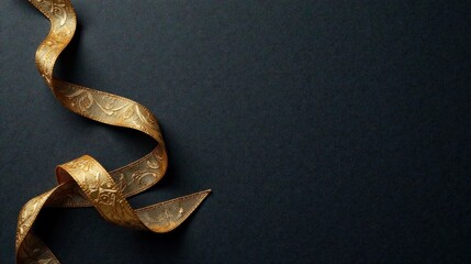 Elegant Gold Ribbon with Intricate Design on Dark Background, Perfect for Festive Occasions or Luxurious Invitations
