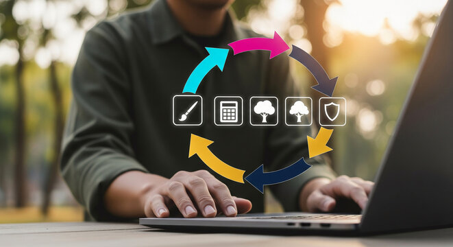Man managing a digital business workflow cycle on a laptop, featuring icons for security, cloud data, and eco-sustainability.