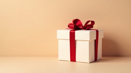 Obraz premium A pristine white gift box adorned with a vibrant crimson ribbon, a symbol of celebration and thoughtful giving, rests elegantly on a neutral background