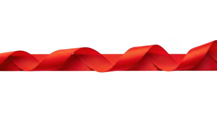A vibrant red satin ribbon isolated on transparent background, gracefully curving and swirling in a dynamic wave pattern, symbolizing celebration and elegance