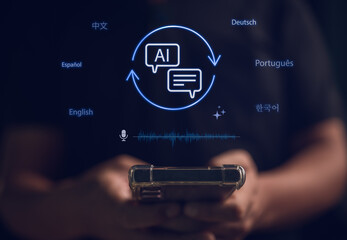 AI translation and multilingual communication concept with smartphone, voice recognition, and language symbols, representing artificial intelligence, global connection, and digital technology.